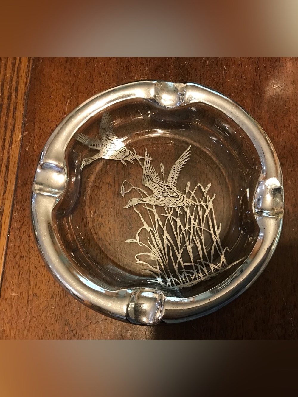Silver-Tone Glass Ashtray Goose Mallard Duck Design